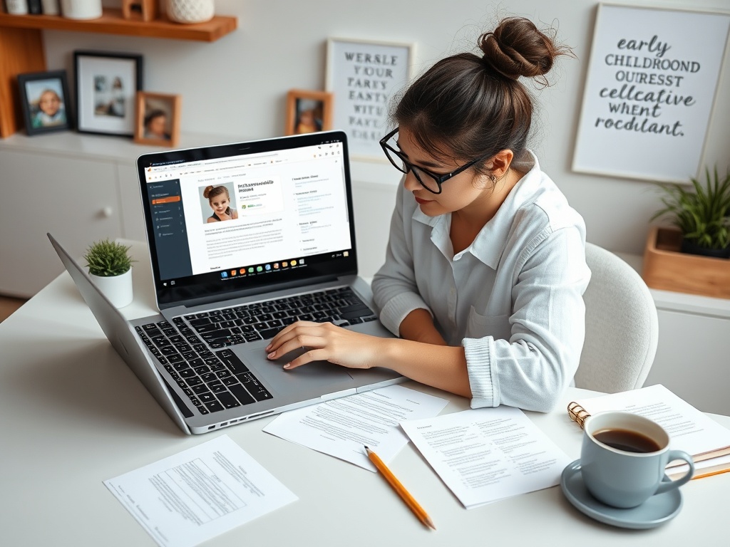 На изображении девушка работает за компьютером, изучает документы и пьёт кофе. Вокруг фотографии и заметки.