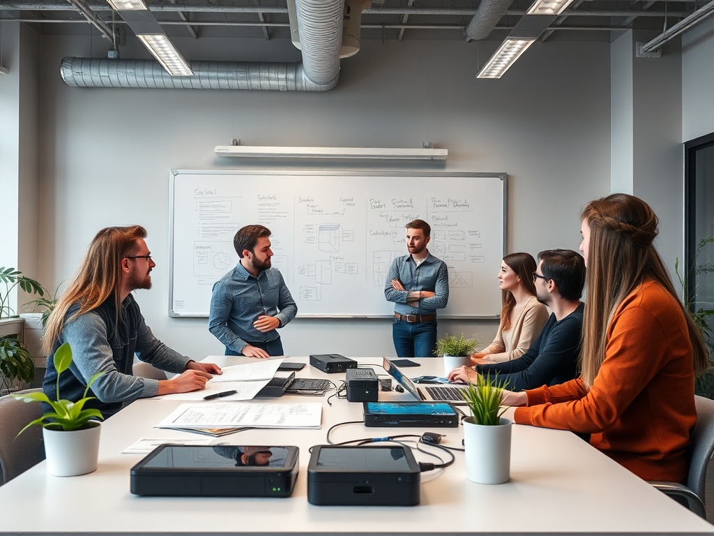 На встрече группы людей обсуждаются идеи, проекты и стратегии. Видно оборудование и документы.