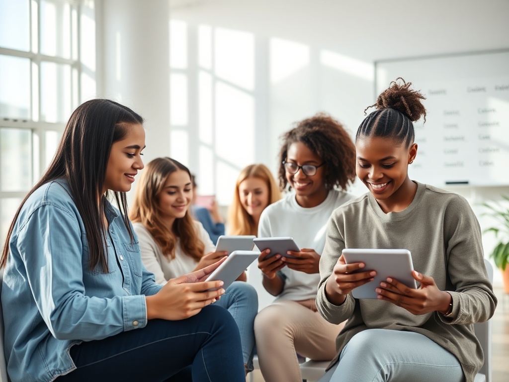 Группа женщин, сидящих вместе и используя планшеты, улыбаются и общаются. Светлое помещение с окнами.
