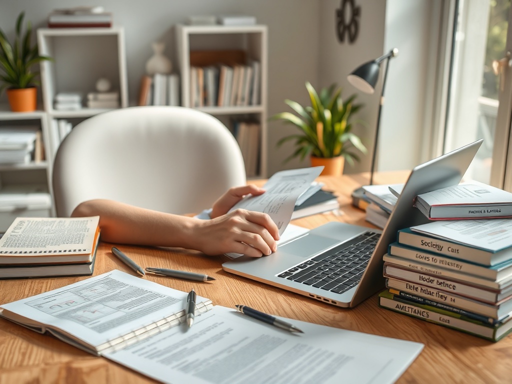 Рабочее пространство с ноутбуком, книгами и документами на столе. Человек держит лист бумаги в руках.