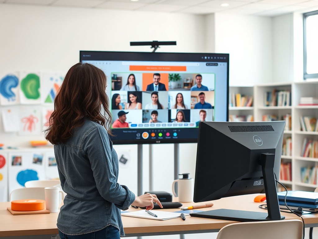 На изображении женщина смотрит на экран с видеозвонком, участники которого изображены в сетке.