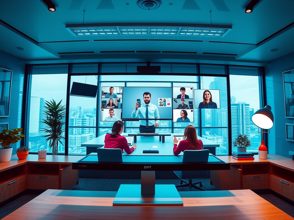 В современном офисе проходит видеоконференция. Участники общаются на экранах, сидя за столом.