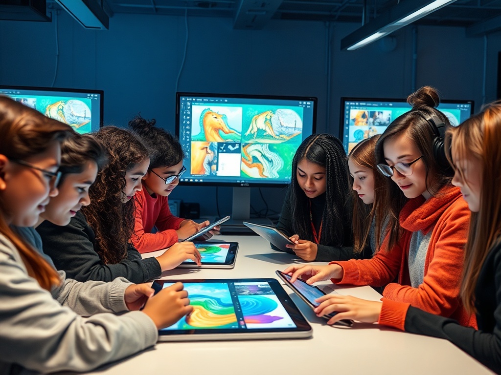Группа девушек работает над цифровым искусством на планшетах в современной студии.